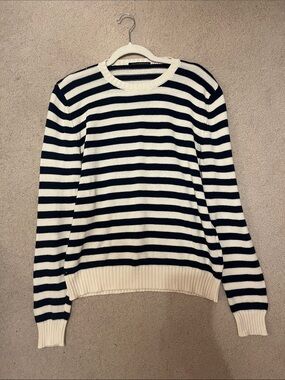 Brandy Melville Navy and Cream Striped Crewneck Sweater